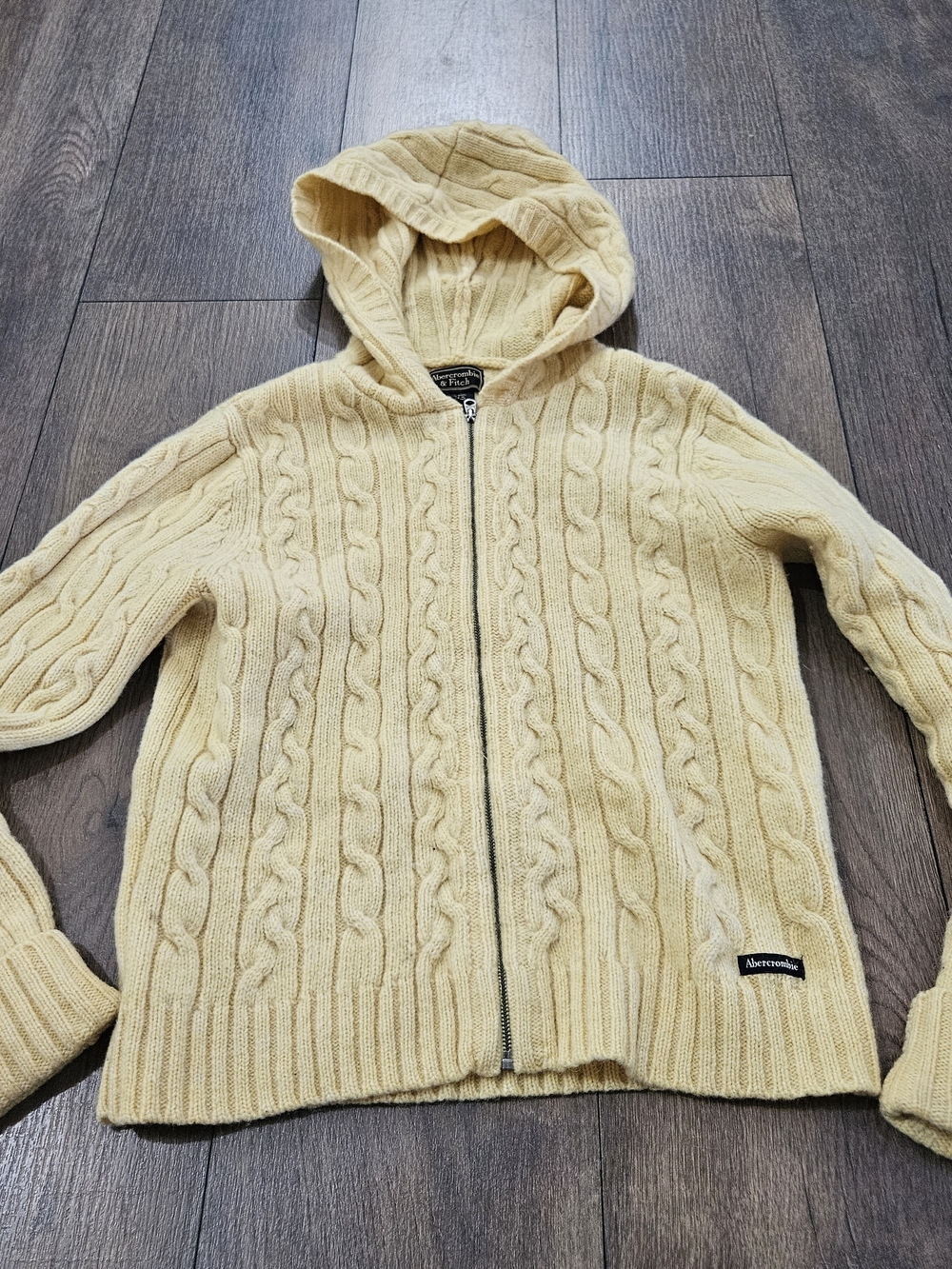 Vintage Yellow Wool Abercrombie & Fitch Hooded Zip Up Sweater Size L.